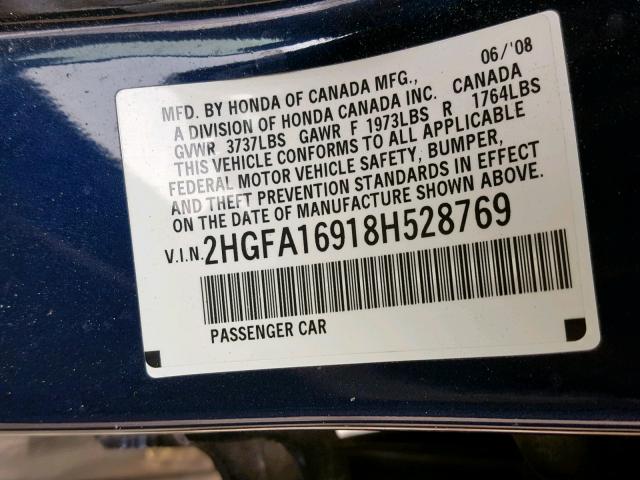 2HGFA16918H528769 - 2008 HONDA CIVIC EXL BLUE photo 10