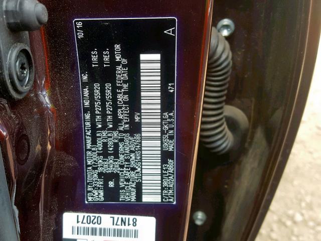 5TDJW5G14HS147686 - 2017 TOYOTA SEQUOIA LI BURGUNDY photo 10