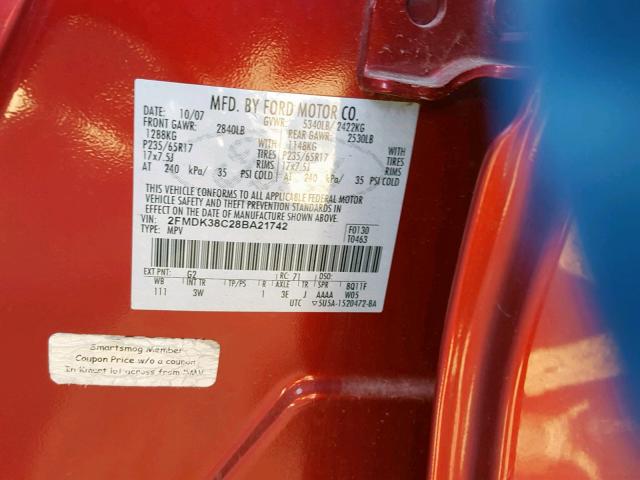 2FMDK38C28BA21742 - 2008 FORD EDGE SEL RED photo 10