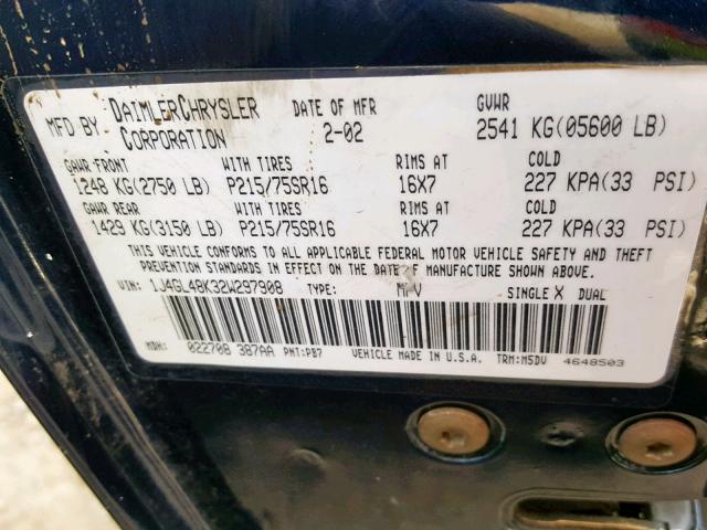 1J4GL48K32W297908 - 2002 JEEP LIBERTY SP BLUE photo 10