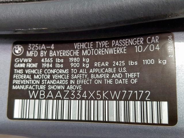 WBAAZ334X5KW77172 - 2005 BMW 325 IS SUL GRAY photo 10