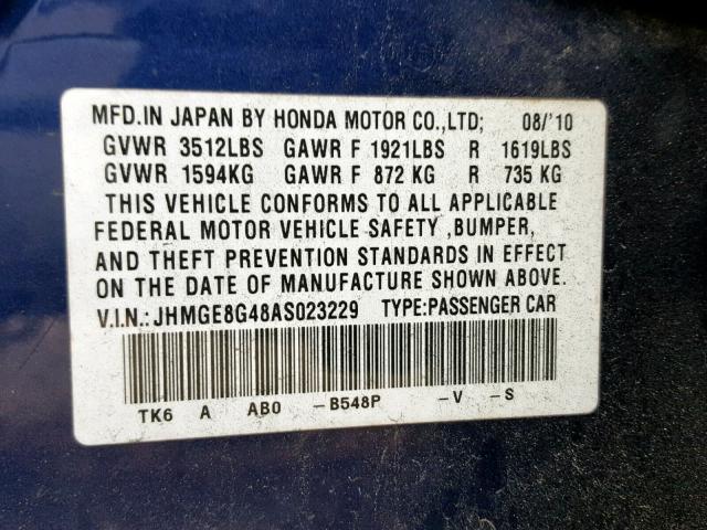 JHMGE8G48AS023229 - 2010 HONDA FIT SPORT BLUE photo 10