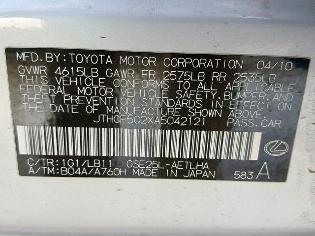 JTHCF5C2XA5042121 - 2010 LEXUS IS 250 SILVER photo 10