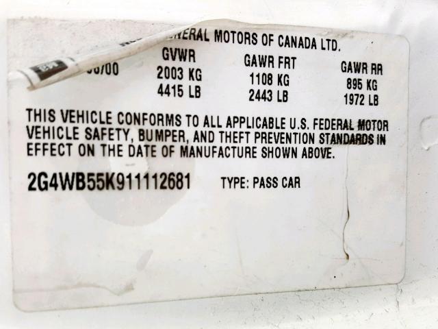 2G4WB55K911112681 - 2001 BUICK REGAL LS WHITE photo 10