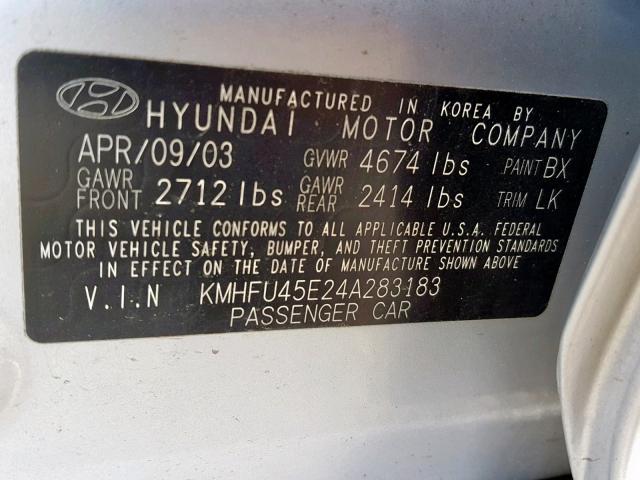 KMHFU45E24A283183 - 2004 HYUNDAI XG 350 SILVER photo 10