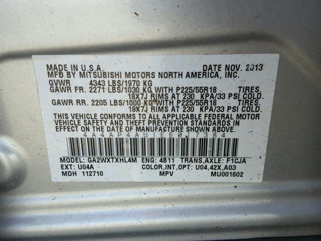 4A4AP4AU1EE017384 - 2014 MITSUBISHI OUTLANDER SILVER photo 10