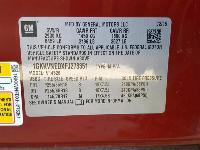 1GKKVNEDXFJ278351 - 2015 GMC ACADIA SLE BURGUNDY photo 10