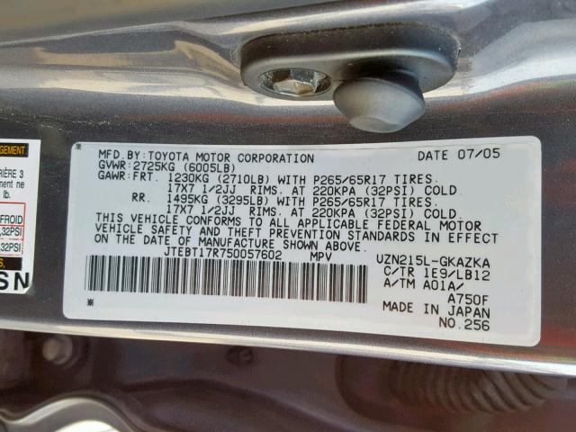 JTEBT17R750057602 - 2005 TOYOTA 4RUNNER LI GRAY photo 10