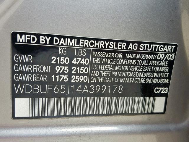 WDBUF65J14A399178 - 2004 MERCEDES-BENZ E 320 SILVER photo 10