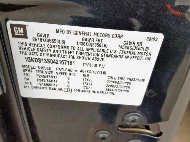 1GKDS13S042167181 - 2004 GMC ENVOY GRAY photo 10