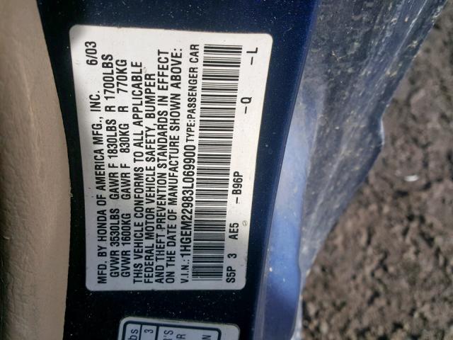 1HGEM22983L069900 - 2003 HONDA CIVIC EX BLUE photo 10