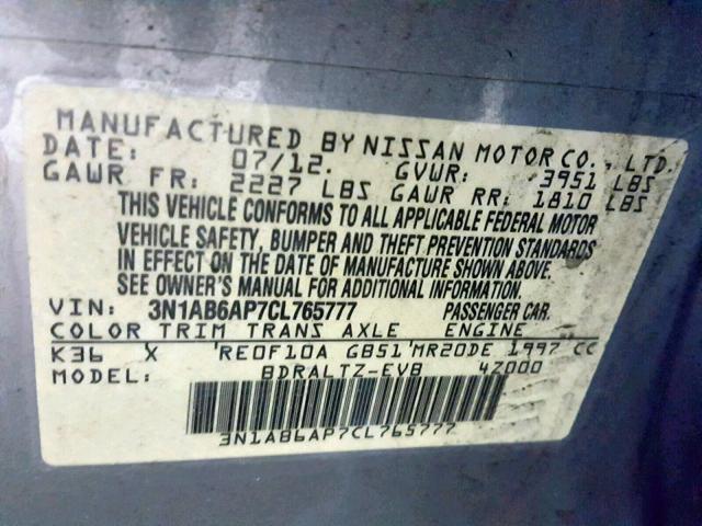 3N1AB6AP7CL765777 - 2012 NISSAN SENTRA 2.0 GRAY photo 10