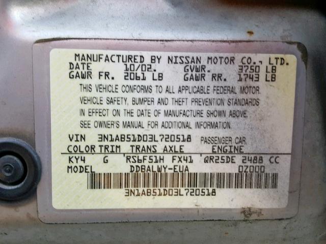 3N1AB51D03L720518 - 2003 NISSAN SENTRA SE- SILVER photo 10