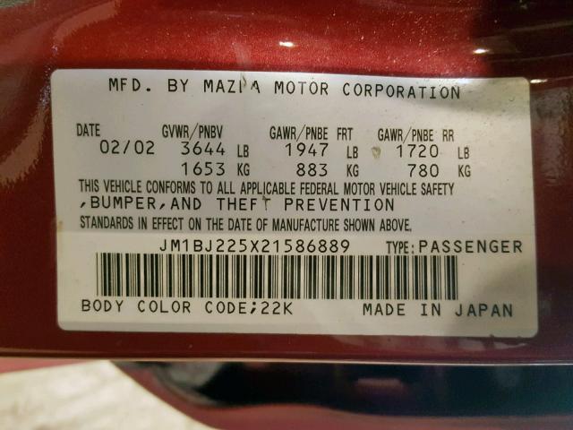 JM1BJ225X21586889 - 2002 MAZDA PROTEGE DX RED photo 10