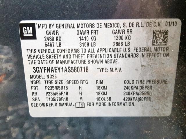 3GYFNAEY1AS580718 - 2010 CADILLAC SRX LUXURY GRAY photo 10