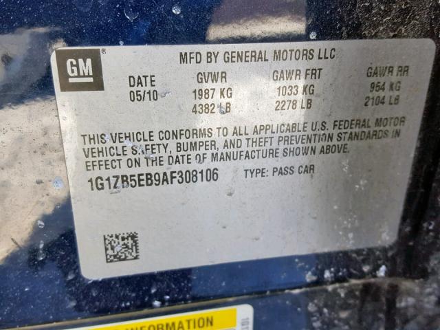 1G1ZB5EB9AF308106 - 2010 CHEVROLET MALIBU LS BLUE photo 10