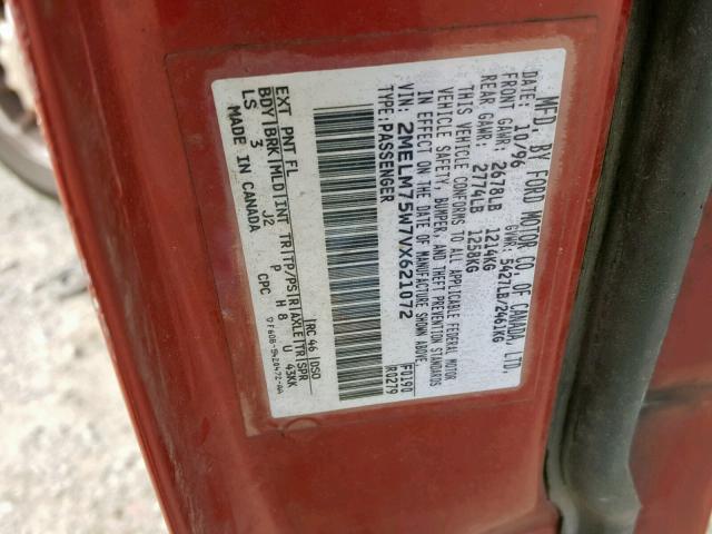 2MELM75W7VX621072 - 1997 MERCURY GRAND MARQ RED photo 10