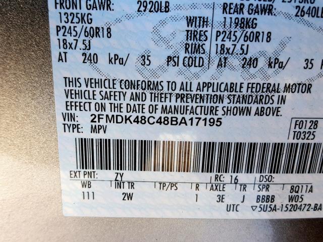 2FMDK48C48BA17195 - 2008 FORD EDGE SEL TAN photo 10