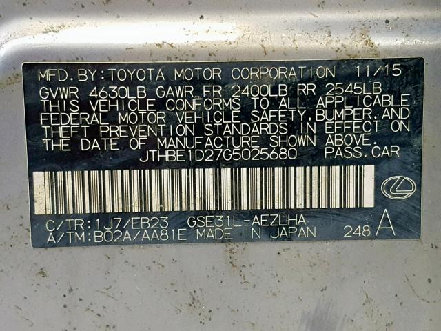 JTHBE1D27G5025680 - 2016 LEXUS IS 350 GRAY photo 10