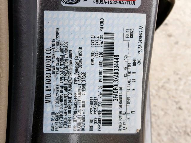 3FADP0L3XAR334448 - 2010 FORD FUSION HYB GRAY photo 10