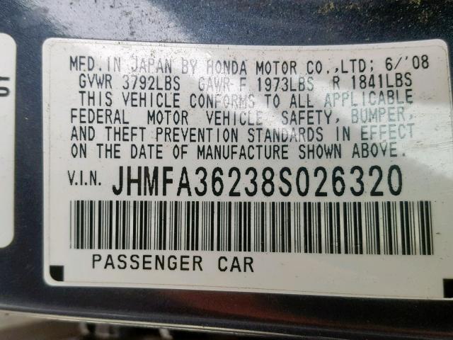 JHMFA36238S026320 - 2008 HONDA CIVIC HYBR BLUE photo 10