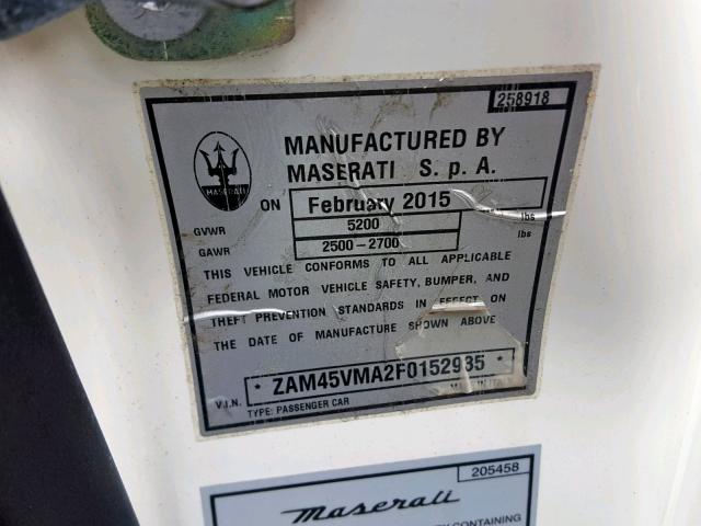 ZAM45VMA2F0152935 - 2015 MASERATI GRANTURISM WHITE photo 10