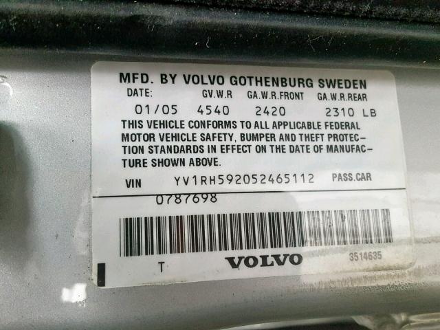 YV1RH592052465112 - 2005 VOLVO S60 2.5T SILVER photo 10