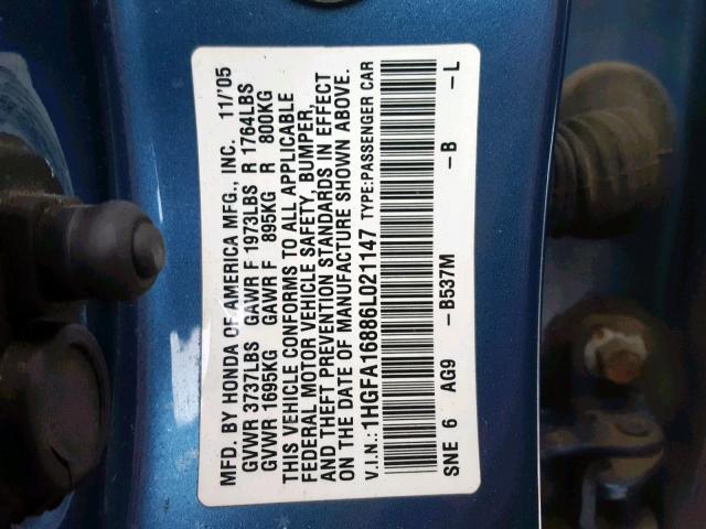 1HGFA16886L021147 - 2006 HONDA CIVIC EX BLUE photo 10