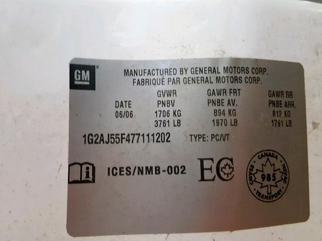 1G2AJ55F477111202 - 2007 PONTIAC G5 WHITE photo 10