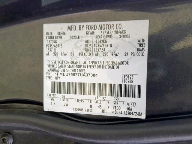 1FMEU75877UA37384 - 2007 FORD EXPLORER L GRAY photo 10