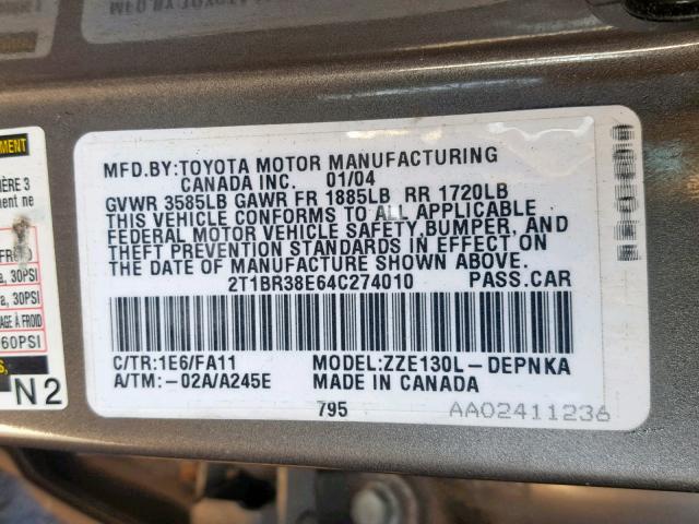 2T1BR38E64C274010 - 2004 TOYOTA COROLLA CE GRAY photo 10