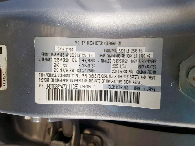 JM3TB28Y470111035 - 2007 MAZDA CX-9 SILVER photo 10