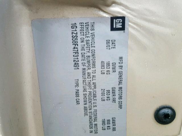 1G1ZS58F47F312491 - 2007 CHEVROLET MALIBU LS GOLD photo 10