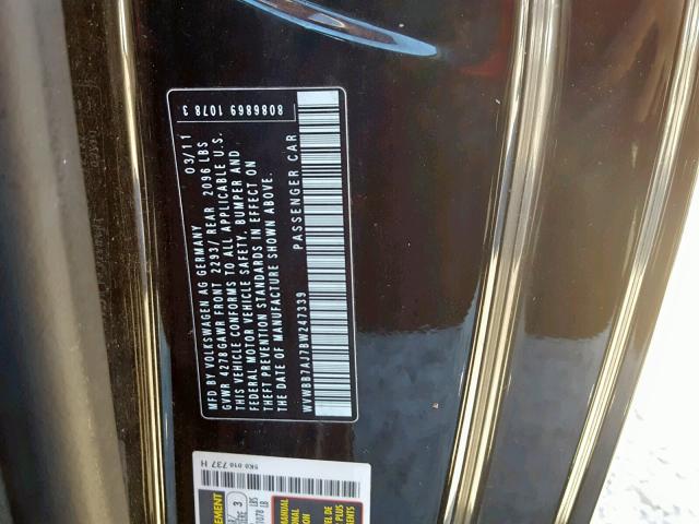 WVWBB7AJ7BW247339 - 2011 VOLKSWAGEN GOLF BLACK photo 10