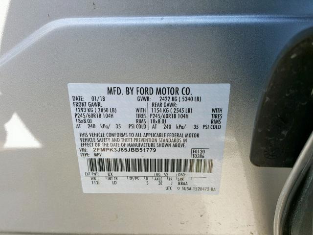 2FMPK3J85JBB51779 - 2018 FORD EDGE SEL SILVER photo 10