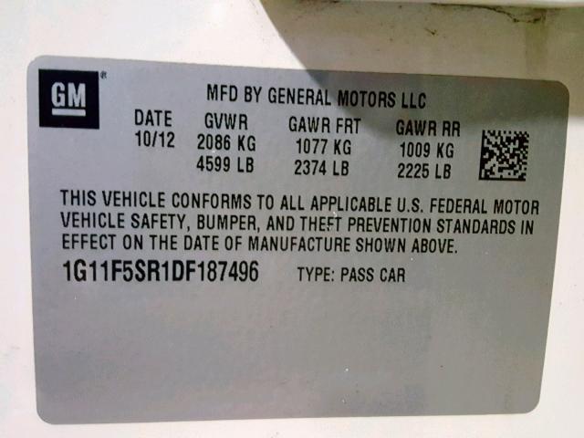 1G11F5SR1DF187496 - 2013 CHEVROLET MALIBU 2LT WHITE photo 10