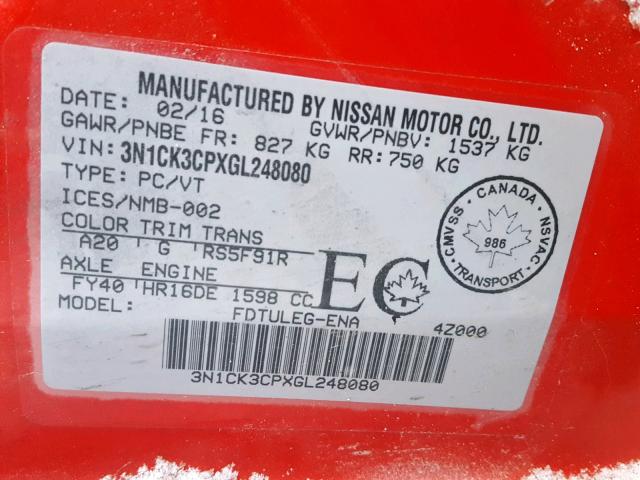 3N1CK3CPXGL248080 - 2016 NISSAN MICRA RED photo 10