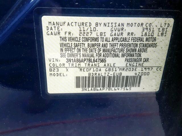 3N1AB6AP7BL647565 - 2011 NISSAN SENTRA 2.0 BLUE photo 10