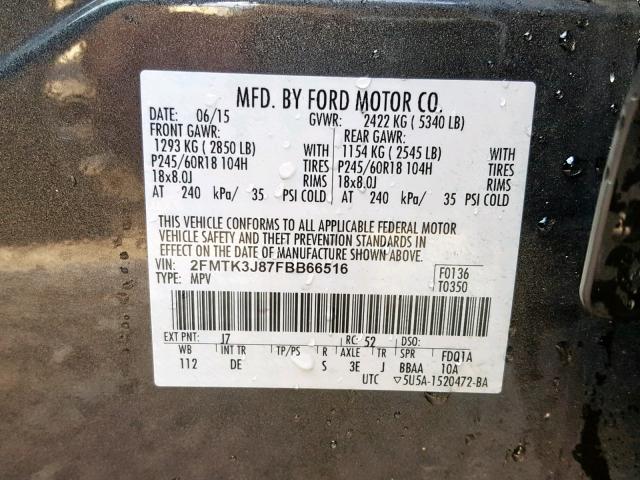 2FMTK3J87FBB66516 - 2015 FORD EDGE SEL CHARCOAL photo 10