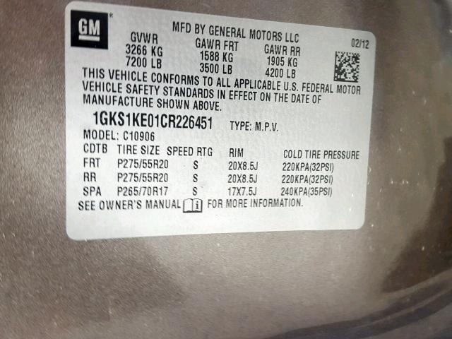 1GKS1KE01CR226451 - 2012 GMC YUKON XL C GOLD photo 10