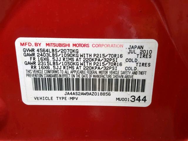 JA4AS2AW9AZ018856 - 2010 MITSUBISHI OUTLANDER RED photo 10