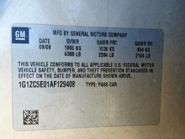 1G1ZC5E01AF129408 - 2010 CHEVROLET MALIBU 1LT ყავისფერი ფოტო 10