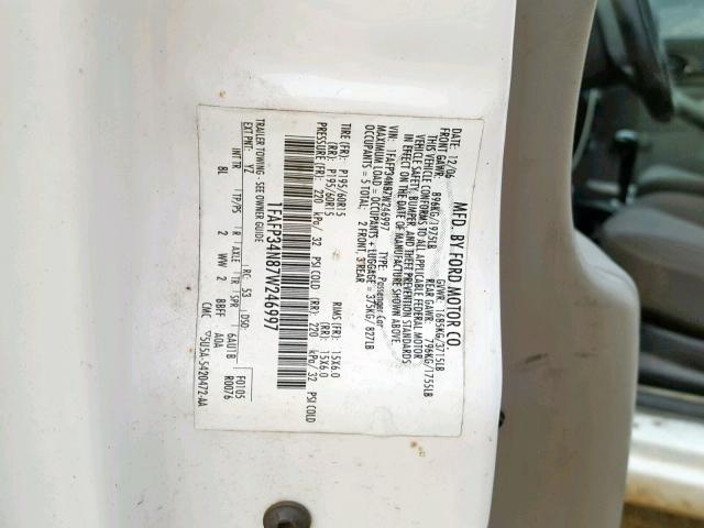 1FAFP34N87W246997 - 2007 FORD FOCUS ZX4 WHITE photo 10