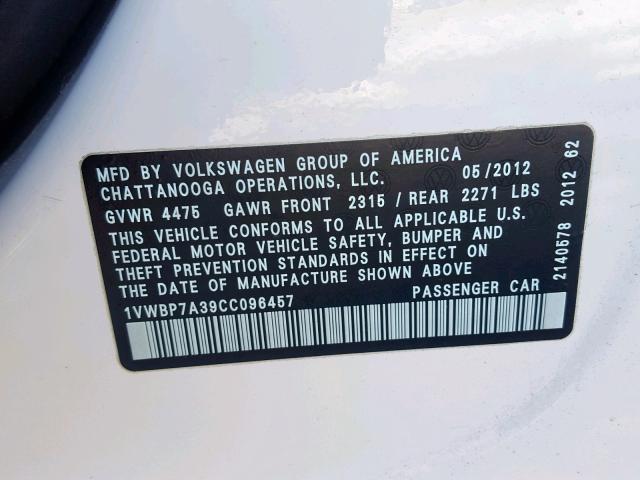 1VWBP7A39CC096457 - 2012 VOLKSWAGEN PASSAT SE WHITE photo 10