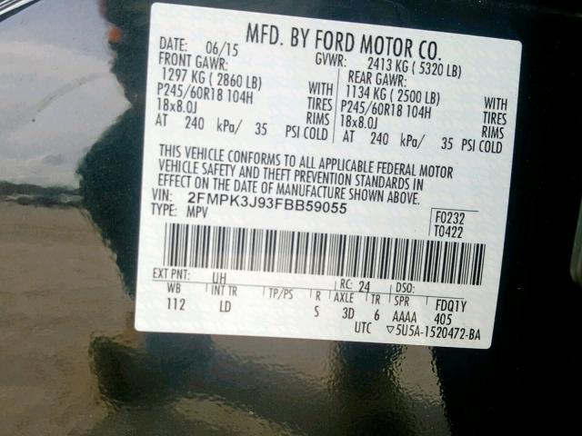 2FMPK3J93FBB59055 - 2015 FORD EDGE SEL BLACK photo 10