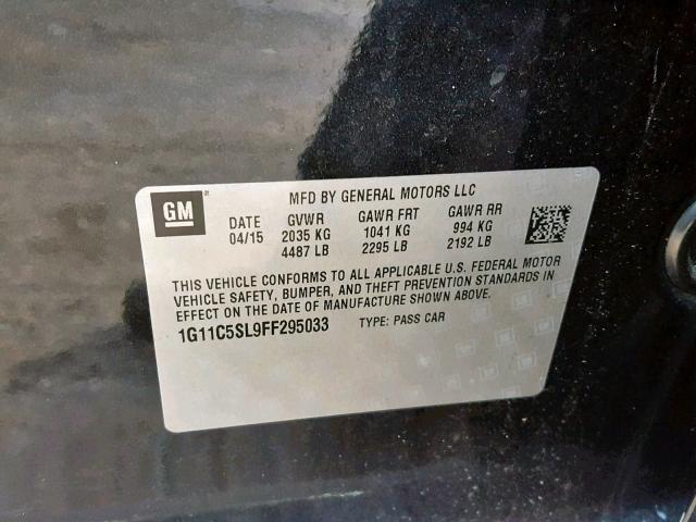 1G11C5SL9FF295033 - 2015 CHEVROLET MALIBU 1LT შავი ფოტო 10