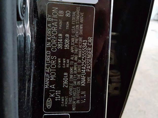 KNAFU4A25C5555343 - 2012 KIA FORTE EX BLACK photo 10