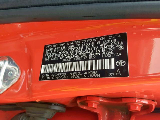 JTDKDTB35E1071802 - 2014 TOYOTA PRIUS C ORANGE photo 10