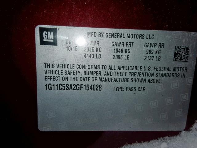 1G11C5SA2GF154028 - 2016 CHEVROLET MALIBU LIM 勃艮第红 照片 10