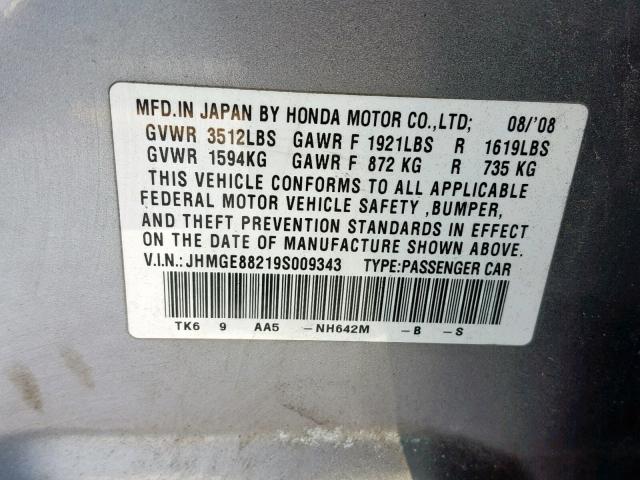 JHMGE88219S009343 - 2009 HONDA FIT SILVER photo 10